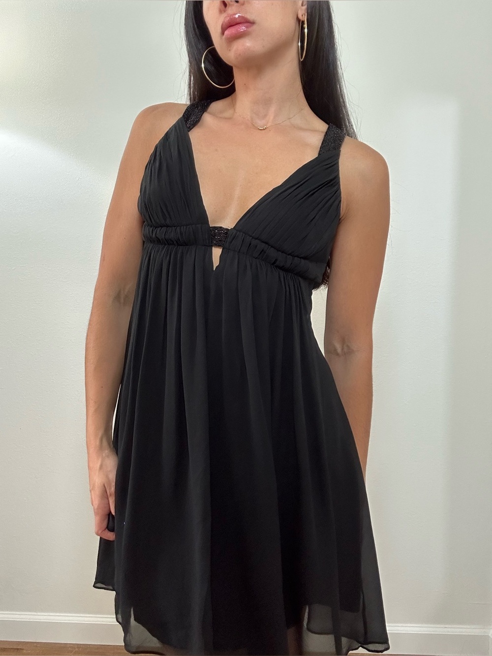 Vintage Cache Black Silk Chiffon plunge-Neck open back Babydoll Dress Size 4